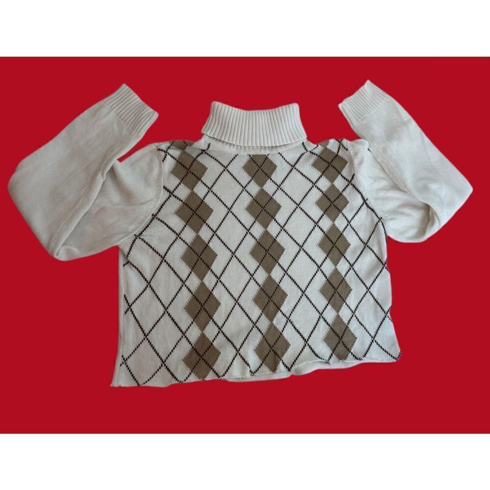 Preppy Liz & Go Argyle Print Cropped Sweater White Tan - Women's Size XL